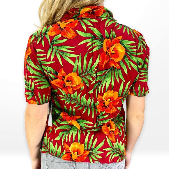 90s NOTATIONS Vintage Red Floral Hawaiian Print Button Up - Picture 3 of 9